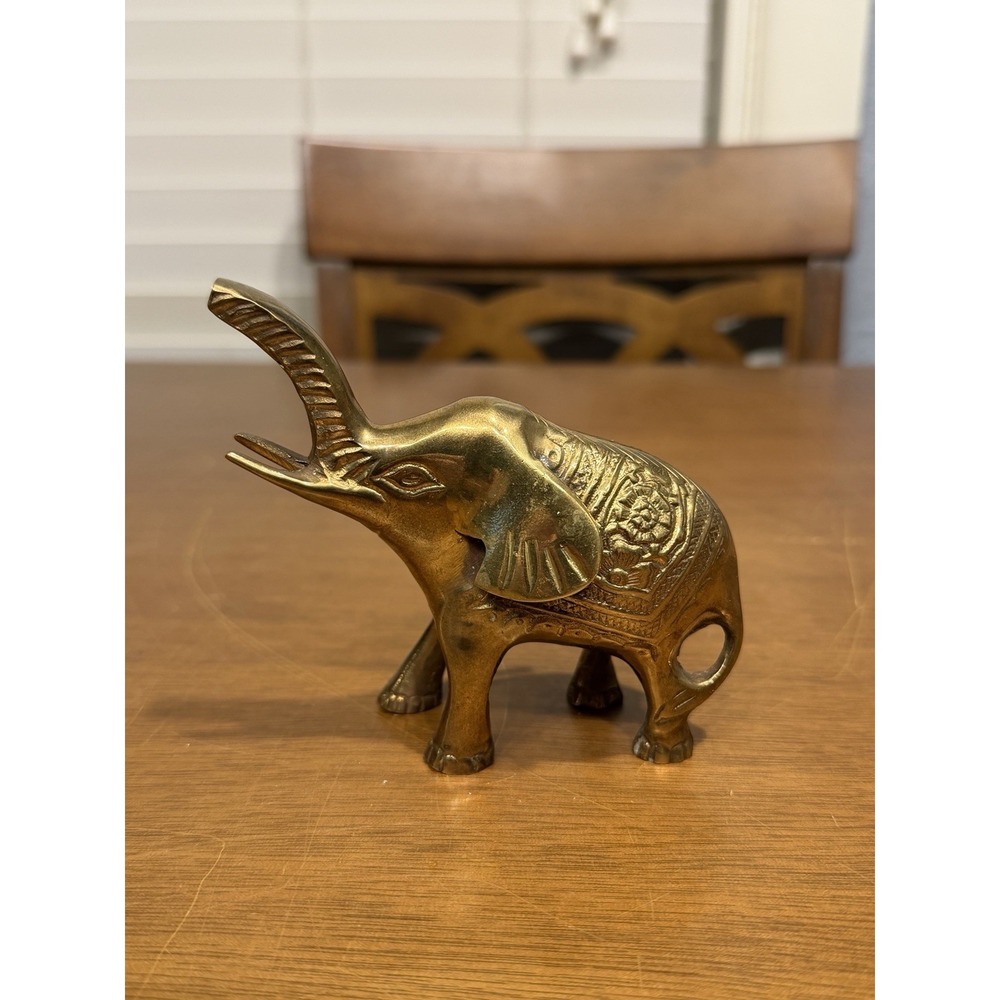 Elephant Figurine Beautiful 4" Vintage Etched Brass Trunk Up For Good Luck